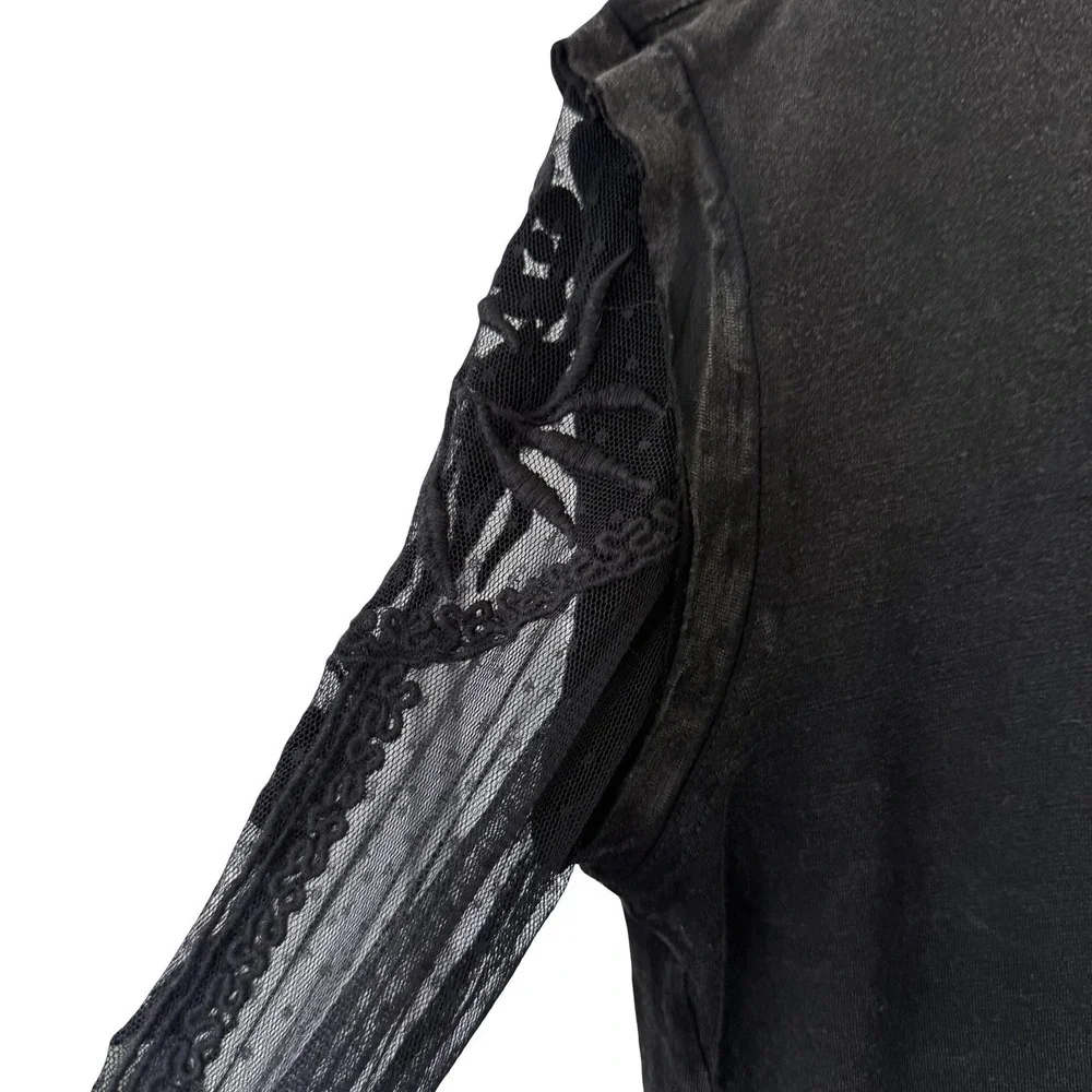 Free People Shirt Womens S Black Sheer Lace Embroidered Sleeve Top Whimsigoth